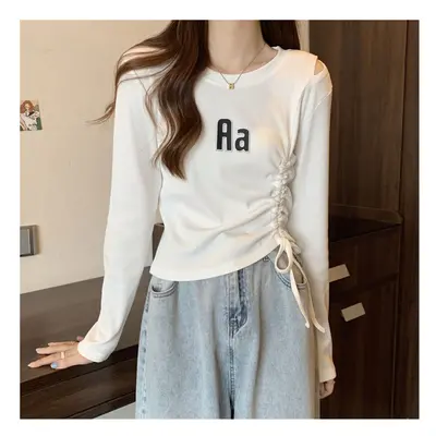 (WHITE, XL) Short Irregular Drawstring Short T Shirts Spring Autumn New Long Sleeve Solid Slim K