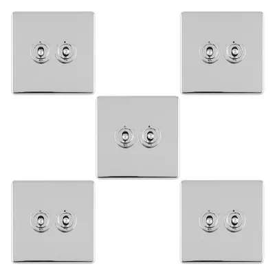 5 PACK Gang Double Retro Toggle Light Switch SCREWLESS CHROME 10A Way Plate