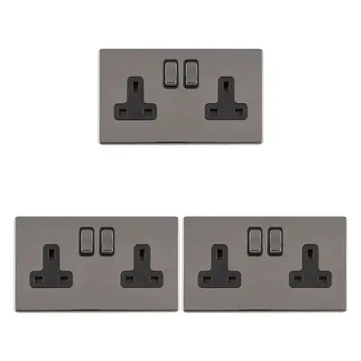 3 PACK Gang DP 13A Switched UK Plug Socket SCREWLESS BLACK NICKEL Wall Power