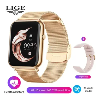 (Mesh belt gold, Bluetooth call watch) Lige Fashion Smart Watch Ladies Body Temperature Sport Fi