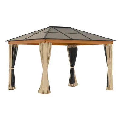 Outsunny Hardtop Gazebo Polycarbonate Canopy with Nettings and Sidewalls Khaki