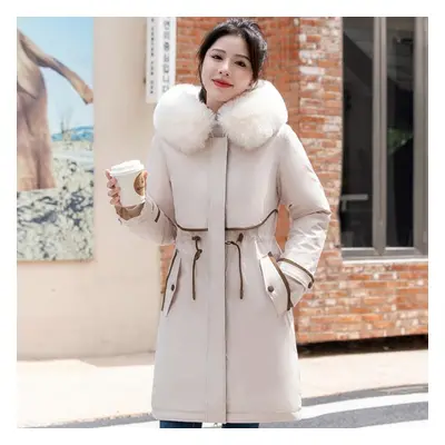 (beige, 6XL) Plus Size M-6xl Winter Women&apos;s Cold Coat Hooded With Faux Fur Collar Liner Det