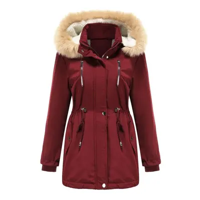 (burgundy, L) Women&apos;s Warm Winter Parka Coat Faux Fur Hooded Fleece Lined Thicken Sherpa Pu