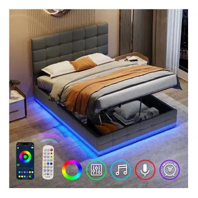 4ft6 Ottoman Double Bed with LED Lighting, PU Leather Upholstered Bed with Hydraulic Storageï¼G