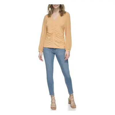 Calvin Klein Women's Long Sleeve Gathered Front Knit Cantaloupe Larg