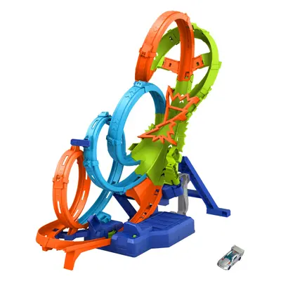 Hot Wheels Toy Car Track Set with Loops 3-Way Crash Zone & Motorized Booster Folds for Storage w