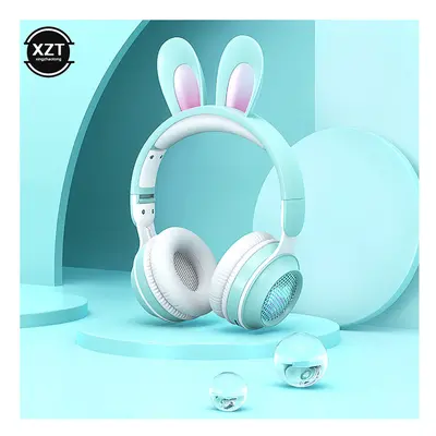 (Mint) New Wireless Earphones RGB Rabbit Ears Headset with Mic Cute Girls Music