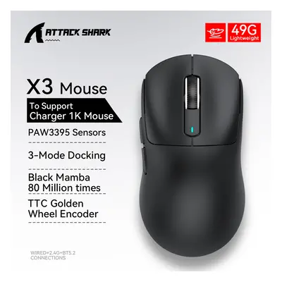 (X3 Black) Attack Shark Wireless Mouse, Macro Gaming Mouse,Lightweight Mouse,PixArt PAW3395 650I