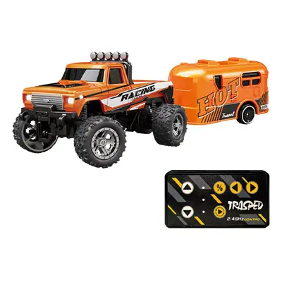 (Orange) Mini RC Monster Truck with Lights & Trailer All Terrain Off-Road Truck Toy 1:64 Scale A