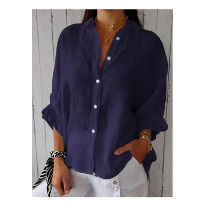 (DEEP BLUE, XXXL) Cotton and line back lace up shirt blouse women fashion pure color long sleeve