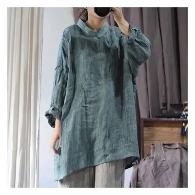 (One Size, green) Johnature Irregular Linen Vintage Chinese Style T-shirt Autumn Woman Fashion D