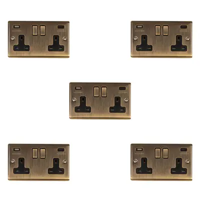 5 PACK Gang Double UK Plug Socket & Dual 3.1A USB-C ANTIQUE BRASS 13A Switched