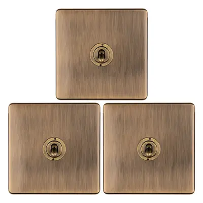 3 PACK Gang Single Retro Toggle Light Switch SCREWLESS ANTIQUE BRASS 10A Way