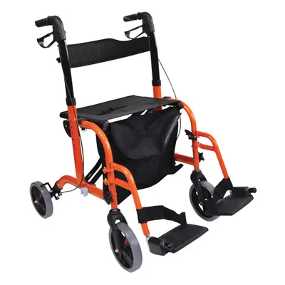 Orange Deluxe Aluminium Rollator and Transit Chair 2-in-1 Dual Function Walker