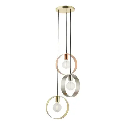 3 Bulb Multi Light Hanging Ceiling Pendant Brushed Copper Nickel & Brass Hoops