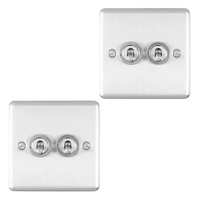 2 PACK Gang Double Retro Toggle Light Switch SATIN STEEL 10A Way Wall Plate