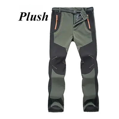 (army green, 2XL) Men Fleece Hiking Pants Winter Warm Waterproof Windproof Rain Quick Drying Tro