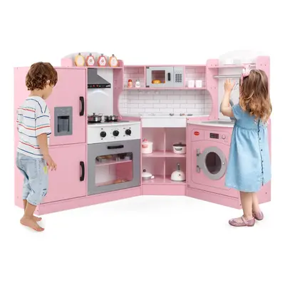 Corner Play Kitchen Toddler Kitchen Playset With Range Hood-Pink