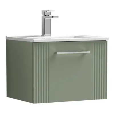 Retro Drawer Wall Hung Vanity Unit with Minimalist Tap Hole Ceramic Basin - 500mm - Satin Green 