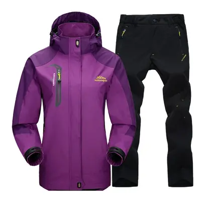 (Purple Black, Asian Size l) Outdoor Waterproof Hiking Jacket Set Women Spring Autumn Breathable