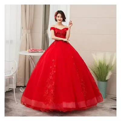 (red, S) Chorus Compere Party Banquet Women Off Shoulder Applique Embroidery Solid Color Elegant