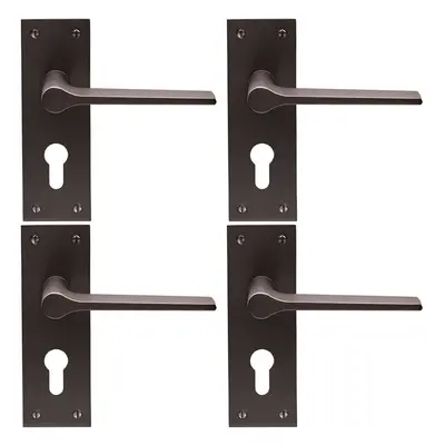 4x PAIR Flat Straight Handle on Slim Euro Lock Backplate x 50mm Matt Bronze