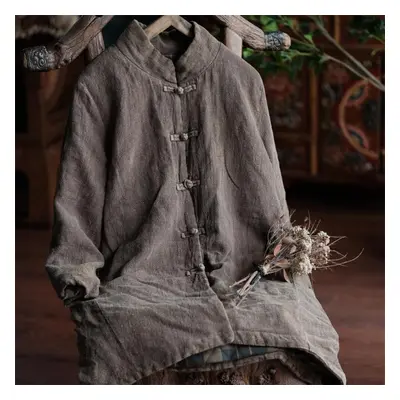 (grey, One Size) Johnature Women Vintage Parkas Stand Long Sleeve Winter Coat Button Chinese Sty