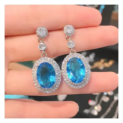 (blue) Real S925 Silver Sterling Sapphire Drop Earring For Women Aretes De Mujer Topaz Jewellry 