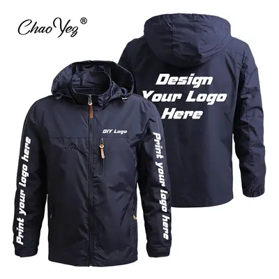 (Navy Blue, (EU XL)) DIY Autumn New Men Waterproof Hooded Custom Logo Windbreaker Jacket Coat Me