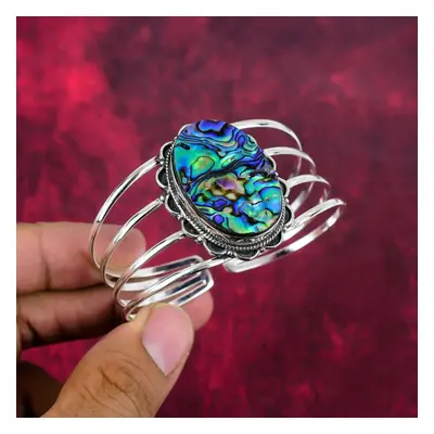 (blue, Adjustable) Abalone Shell Bangle Solid Sterling Silver Jewelry, Handmade Gemstone Bangle 