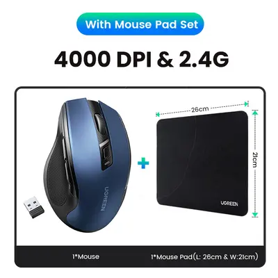 (Blue With Mouse Pad) ãNEWãUGREEN Mouse Wireless Ergonomic Mouse DPI Silent Buttons For MacB