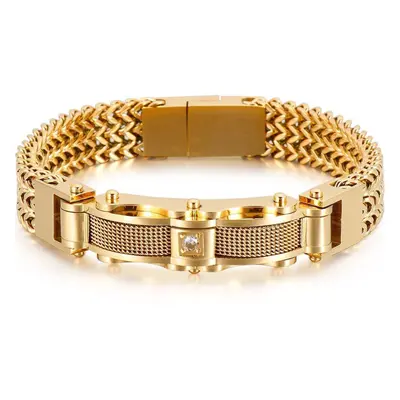 (gold, 21cm) Luxury Gold Plated Bracelet For Men 12mm Wide Stainless Steel Square Franco Link Ch