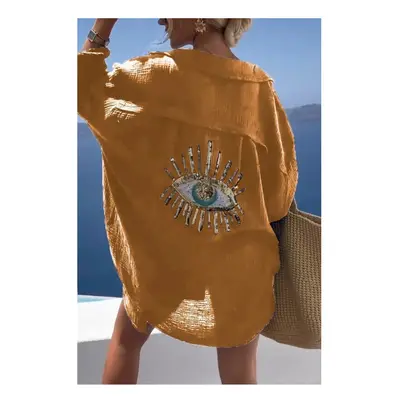 (Yellow, XXXL) Casual Women's Shirt Spring Summer Fashion Beach Style Loose Button Sunscreen Cot