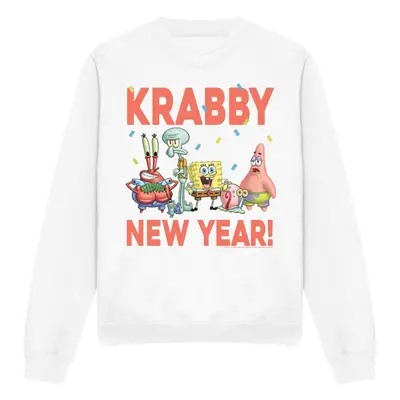 (S, White) SpongeBob SquarePants Unisex Adult Krabby New Year Sweatshirt