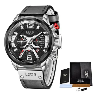 (Silver Black) LIGE Men Watches Top Brand Luxury Blue Leather Chronograph Sports Watch For Men F