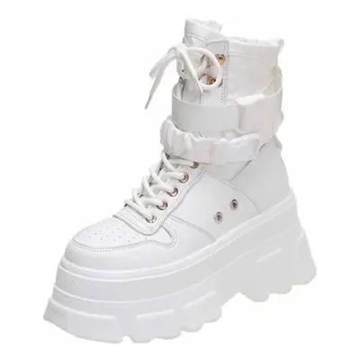 (white, 38) Women&apos;s Height-increasing Thick-soled Boots Wedge Heel Lace-up Decorative Women