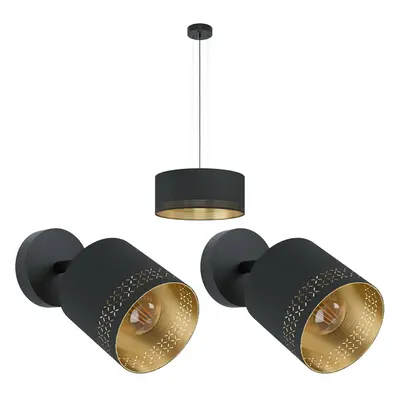 Ceiling Pendant Light & 2x Matching Wall Lights Black & Gold Round Fabric Shade