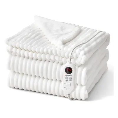 (120x160cm, White) Electric Blanket Soft Ribbed Flannel Heated Blanket Heated Throw Fast Heating