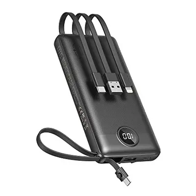 Power Bank 10000mAh, Portable Charger with Built-in Cables, USB C External Battery Pack with Out