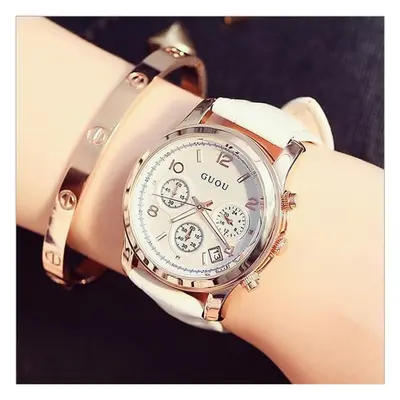 (white) Guou Watch Ladies Watch Waterproof Leather Ladies Watch Luxury Automatic Date Watch