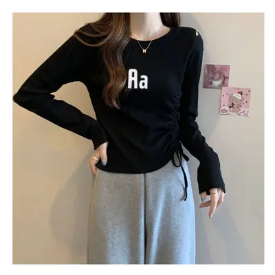 (black, XXXL) Short Irregular Drawstring Short T Shirts Spring Autumn New Long Sleeve Solid Slim