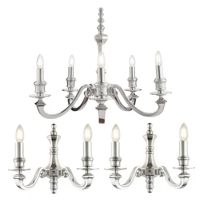 5 Lamp Ceiling & 2x Matching Twin Wall Light Pack Premium Aluminium Chandelier