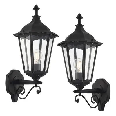 2 PACK IP44 Outdoor Wall Light Matt Black & Glass Traditional Lantern Dimmable