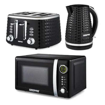 (Black) Geepas Electric Kettle, Toaster & Microwave Set