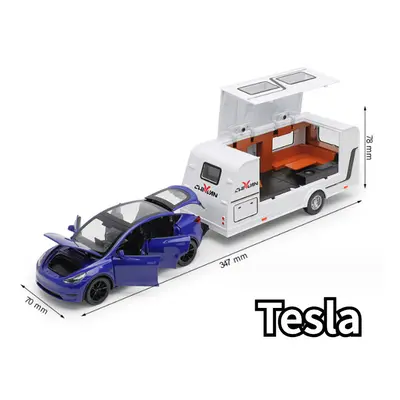 (Blue Tesla) 1/32 Trailer RV Truck Toy Model Car Alloy Diecast Off-road Vehicle Camper with Soun