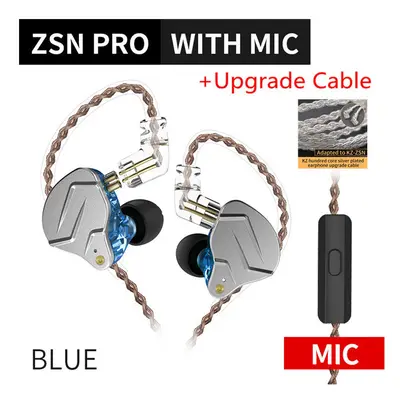 (Blue with mic Silver) KZ ZSN PRO 1BA+1DD Hybrid technology HIFI Metal In Ear Earphones Bass