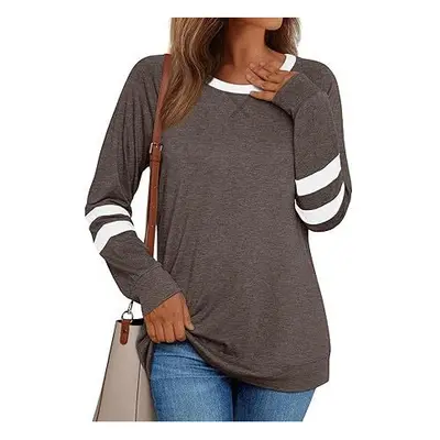 (M, brown) Women's Long Sleeved Shirt Spicy Girl Casual Round Neck Color Blocked Top Fashionable