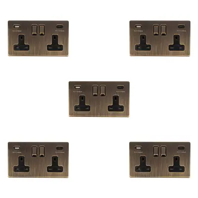 5 PACK Gang Double 13A UK Plug Socket & 2x 3.1A USB-C SCREWLESS ANTIQUE BRASS