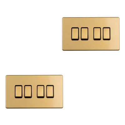 2 PACK Gang Quad Light Switch SCREWLESS SATIN BRASS Way 10A Slim Rocker