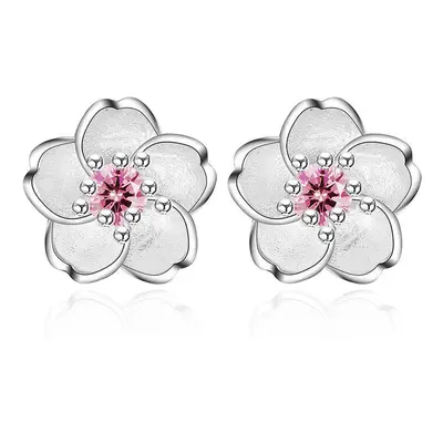 Pink Crystal Flower Earrings Stud Sterling Silver Women